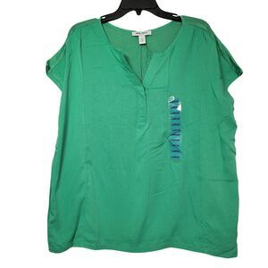 Nine West Women's Cap Sleeve V-Neck Fashion Top Green Spruce Size Large